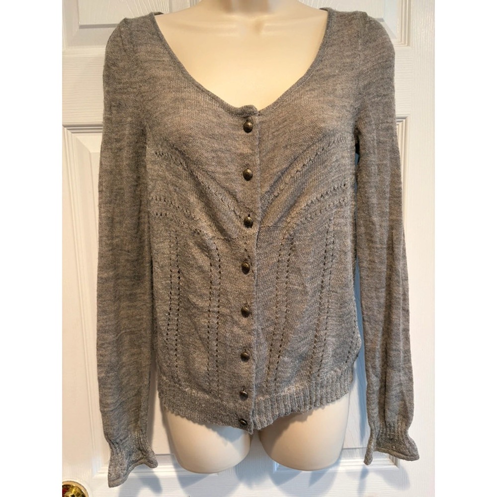 Anthro Knitted & Knotted Cardigan Gray Metallic Wool Blend Boho Sweater XS S